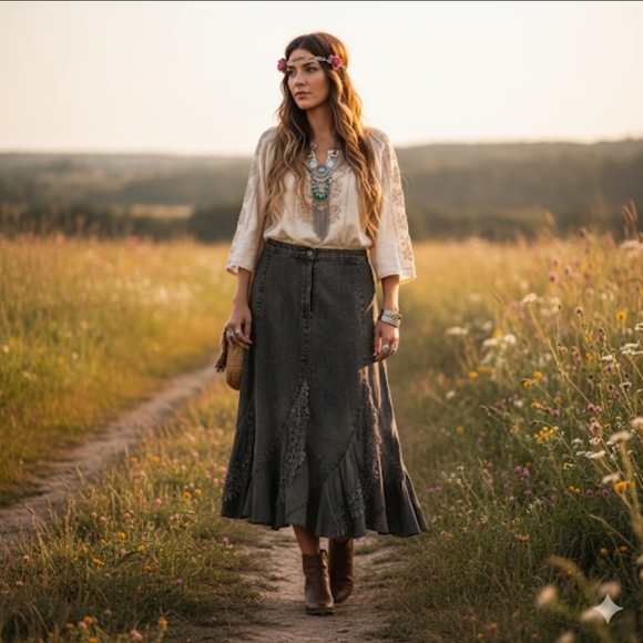 Handmade Dresses & Skirts - Boho Chic Handmade Dark Grey Distressed Denim Skirt with Lace Details L/XL